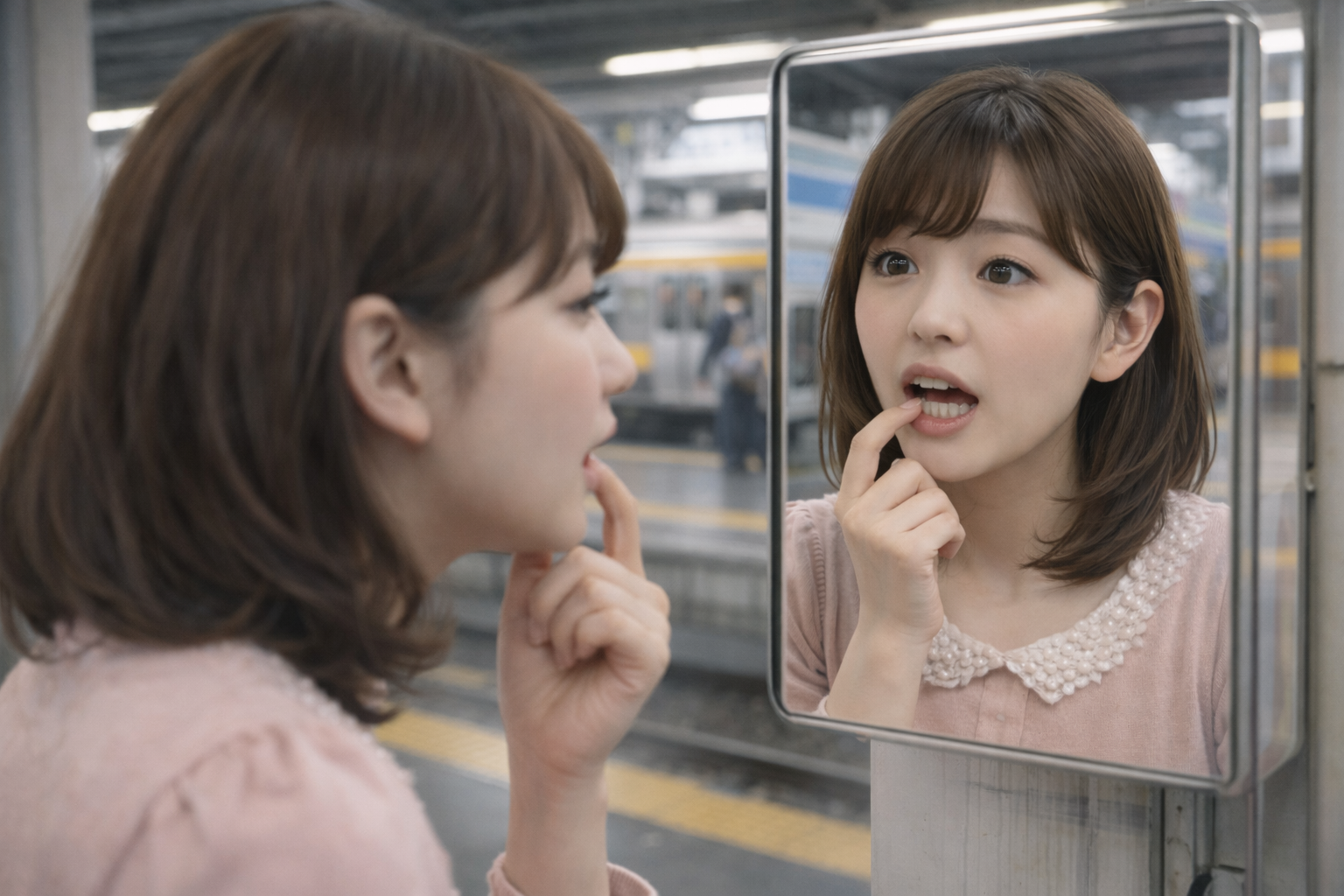 駅のホームで、ふと鏡に映った自分の横顔を見る。